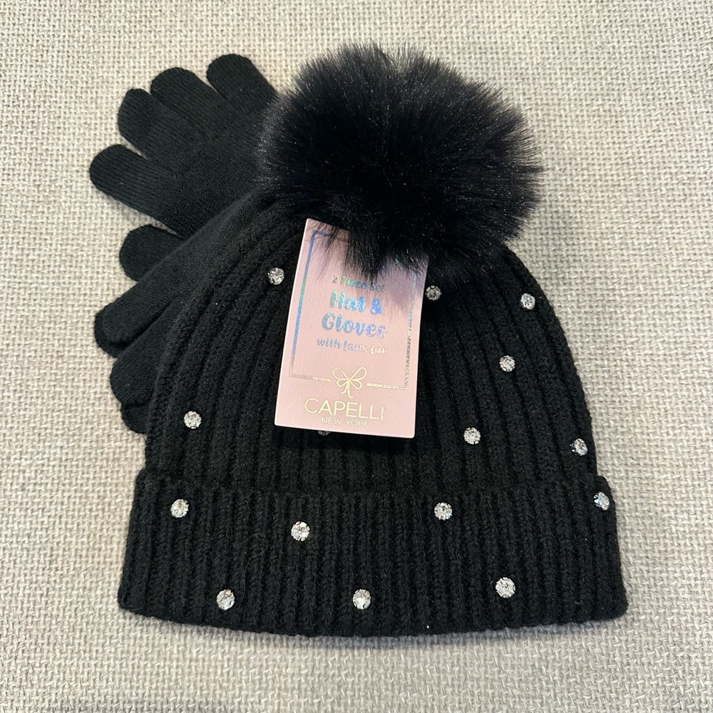 NWT! Toddler Little Girls Black Rhinestone Faux Fur Pom Beanie Gloves Set